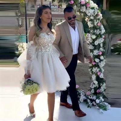 knee length white puffy dress Lace Applique Short Wedding Dresses Puff Long Sleeves Tulle Puff nav-572