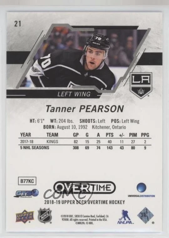 2018-19 Upper Deck Overtime Blue Foil Tanner Pearson #21 - Image 2 of 2