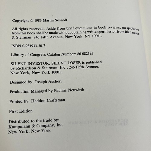 Martin Sosnoff Silent Investor Silent Loser 1986 First Edition Hardcover - Picture 4 of 9