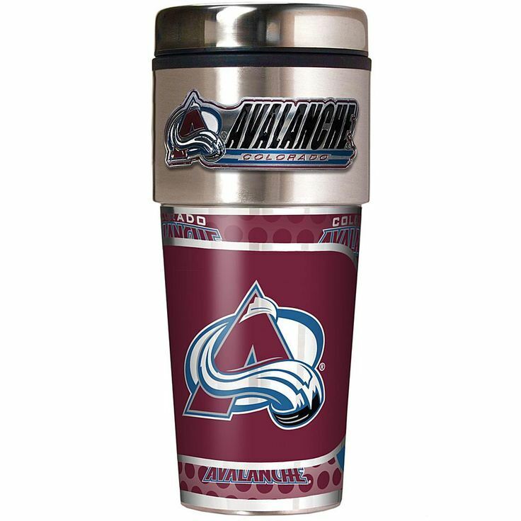 COLORADO AVALANCHE 16 OZ STAINLESS STEEL COFFEE TRAVEL MUG WITH METAL EMBLEM