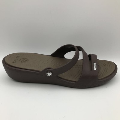 Crocs Womens 8 Meleen Twist Slides Sandals Brown Wedge Heel Slip On Cross Strap | eBay