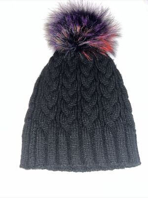Womens Adrienne Landau Real Fox Fur Pompom Black Beanie Hat  display picture 1