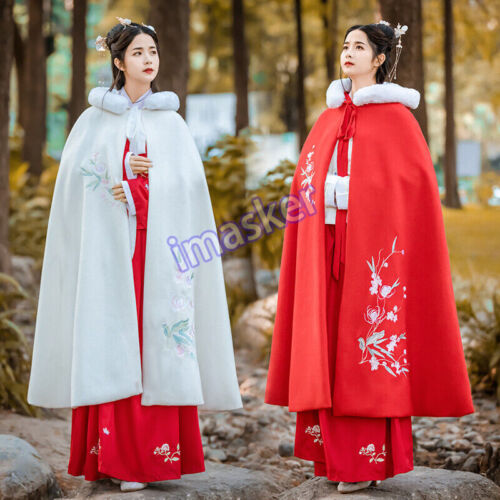 Lady Long Cape Coat Hooded Cloak Fur Trim Floral Fleece Lined Chinese Hanfu Chic - Picture 1 of 20