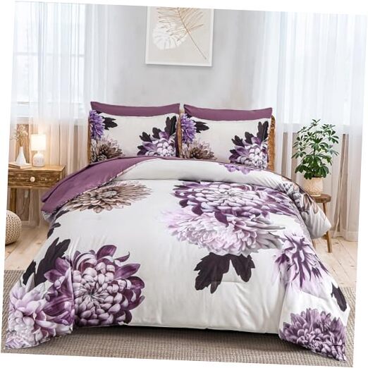 Comforter Set 7 Piece Floral Comforter Set with Sheets Elegant Queen Purple