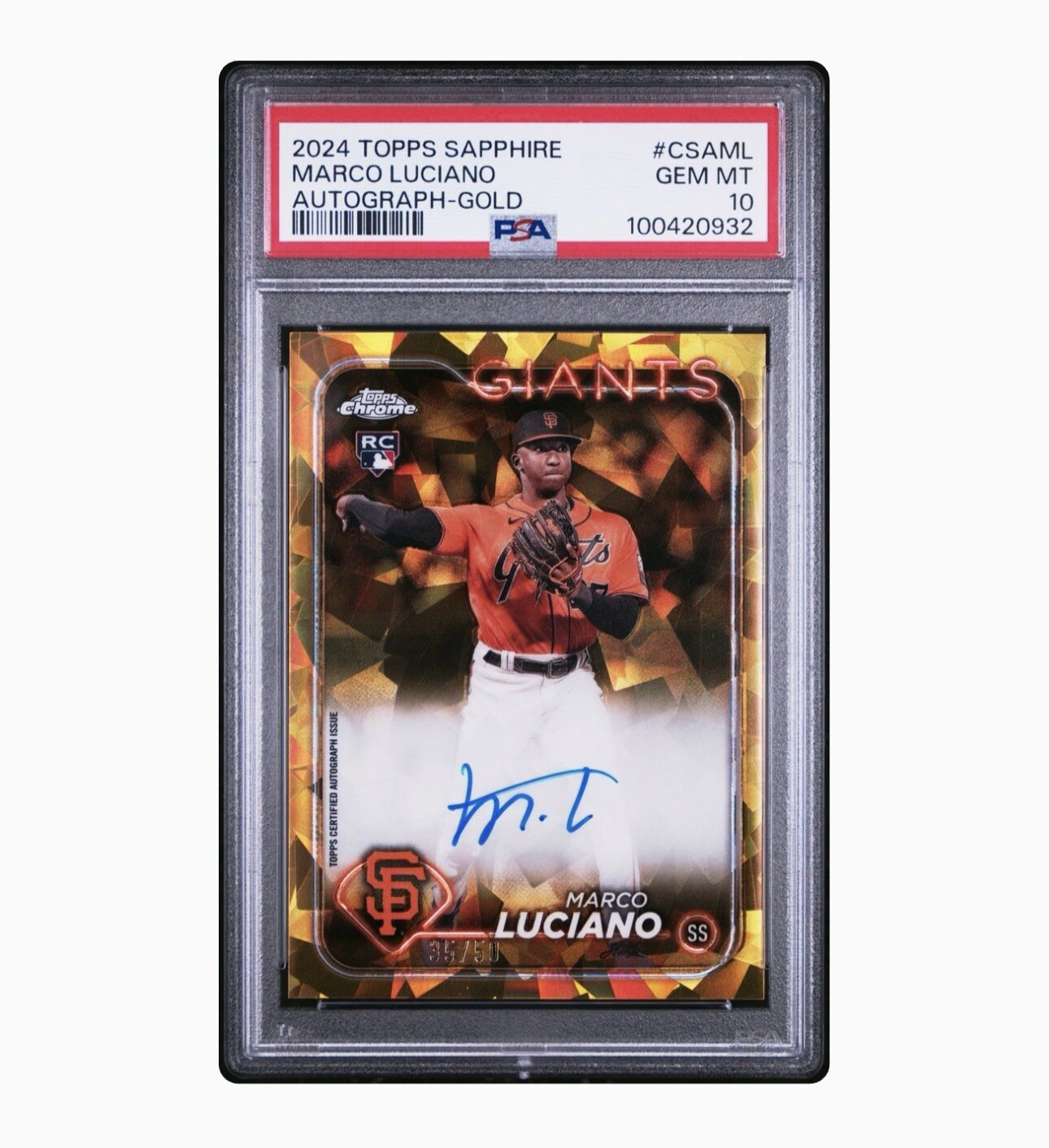 2024 Topps Chrome Sapphire Marco Luciano Gold Auto /50 RC Giants PSA 10