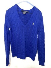 VTG Women Ralph Lauren Blue Cable Knit V Neck Fisherman Sweater M 100 Cotton