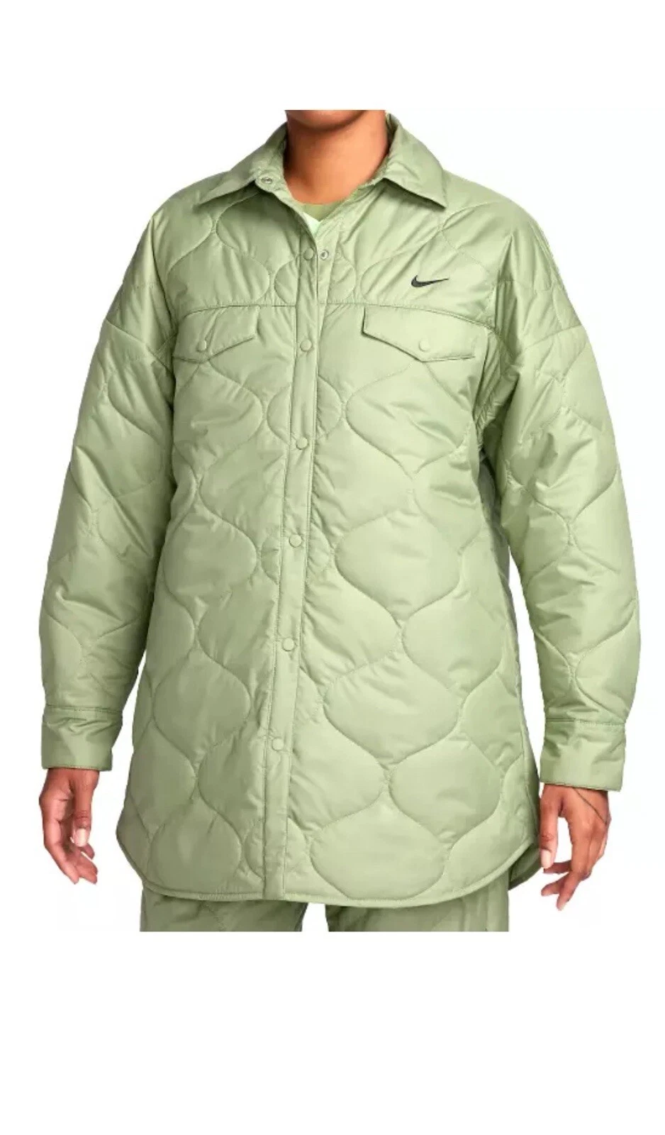 Nike Essential Quilted Green Trench LS Snap Button Women's Coat FB8732-386 Sizes