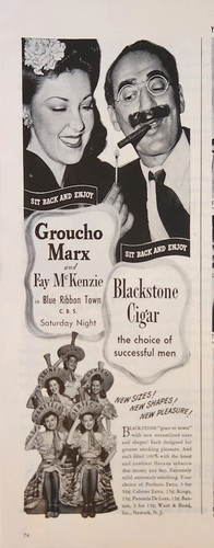 1944 Blackstone Cigars Vintage ad Groucho Marx Fay McKenzie Blue Ribbon Town