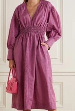 NWT Ganni Seersucker Check Carmine Rose Midi Long Sleeves Dress S $325