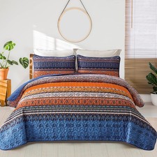 Boho Fall Queen Quilt Set, Blue and Orange Bohemian Queen Quilt Bedding Set, ...