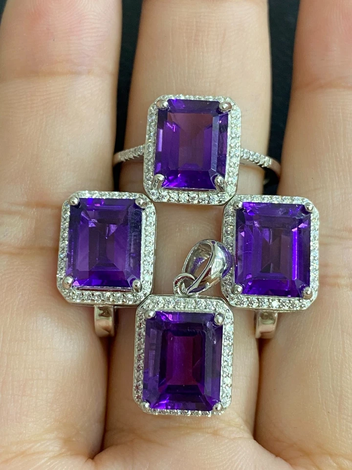 NATÜRLICHER AMETHYST 8X10 WEISS CZ STERLINGSILBER 925 RING OHRRING ANHÄNGER