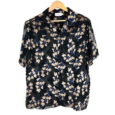 Topman Short Sleeve Button-Up Shirt Mens Size XL Black Blue Sheer Floral Print