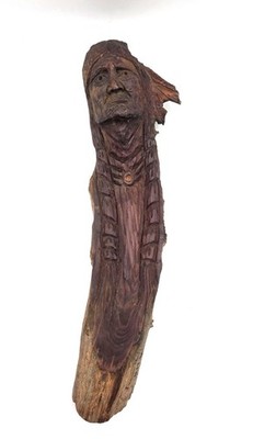 Vintage Wood Spirit Carving Native American Face Sculpture Folk Art Signed Dated