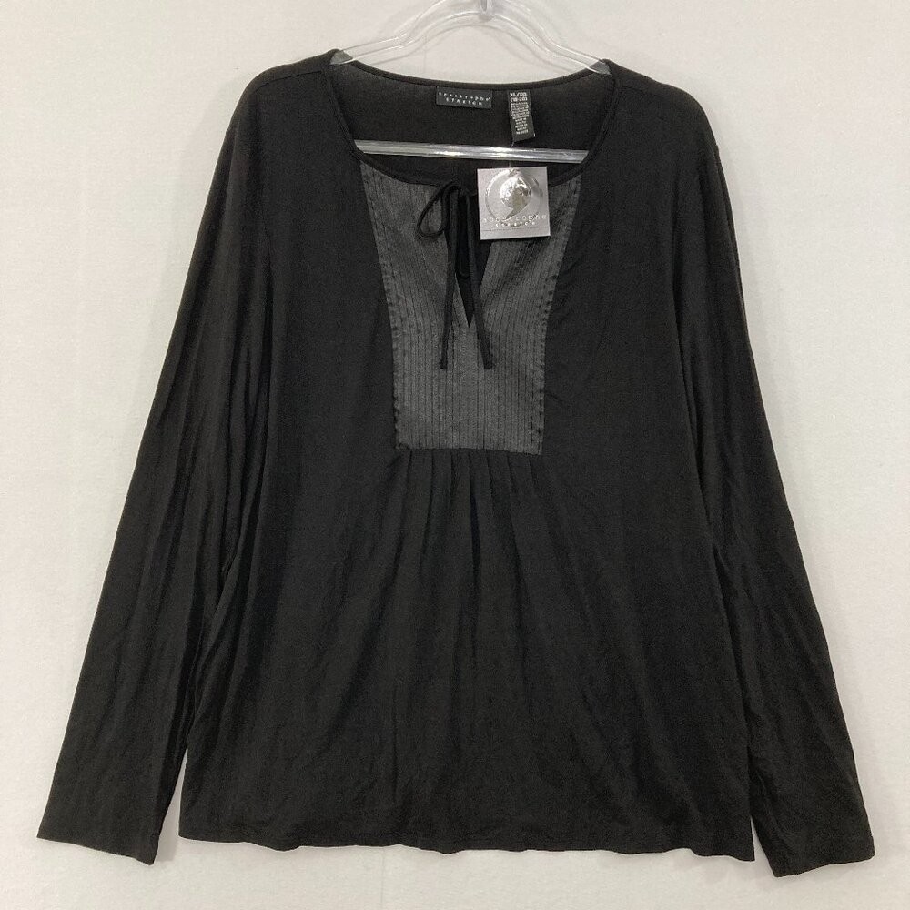 New Apostrophe Top size XL Black Tie Front Pintuck Stretch Office Career