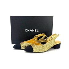 Chanel CC Logo Glitter and Grosgrain Cap Toe Slingback Platform Heel Pumps 37