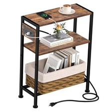 Small Narrow Side Table with Charging Station, Skinny End Table Rustic Brown