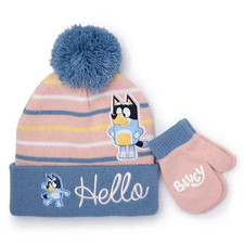Bluey Hat Beanie Kids One Size Blue Pink Pom Pom Hello Mittens Set Winter Cap