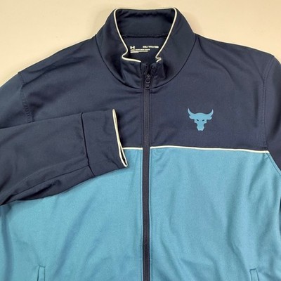 Under Armour Project Rock Track Jacket Mens XXL Blue Colorblock Full Zip Bull