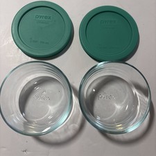 Pyrex Lot Of 2 7202 1 Cup Green Tinted Glass Bowls & Green Lids EUC