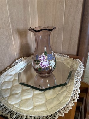 Fenton Designed Teleflora Amethyst Glass Vase 8  Hand Painted Flower Vase