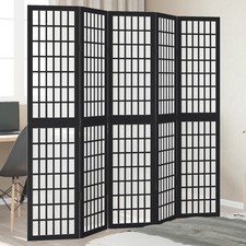 5-Panel Black Room Divider Screen – Paulownia Wood, Foldable Privacy