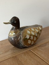 Vintage Carved Wood & Brass Duck Figurine with Mother of Pearl Inlay