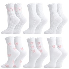 Pairs Lace Ruffle Crew Socks for Women,Cotton 6 White mini Bow Flowers Hearts
