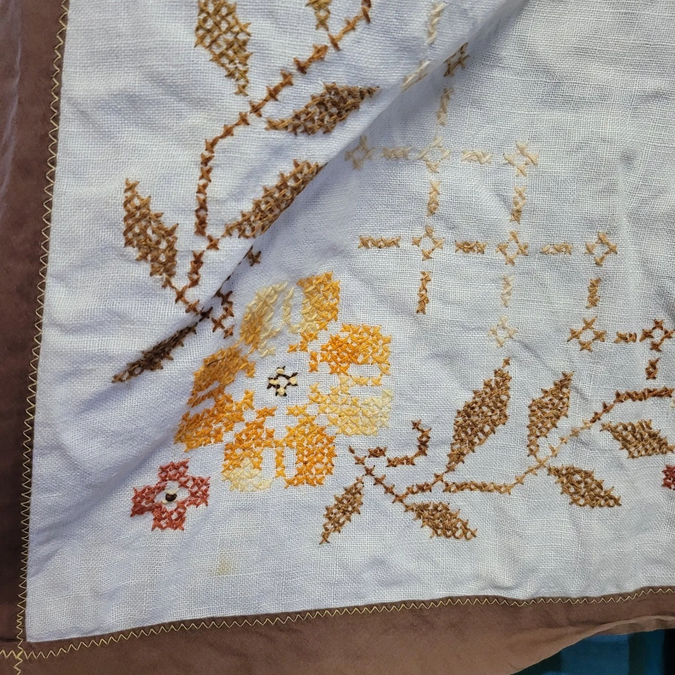 Mantel de Lino Bordado Vintage Floral Punto de Cruz Borde Marrón Cuadrado Foto 3 de 4