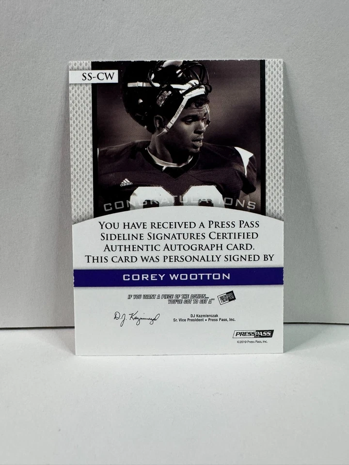2010 Press Pass Sideline Signatures Corey Wooton Rookie Auto On Card Red Ink - Image 2 of 2