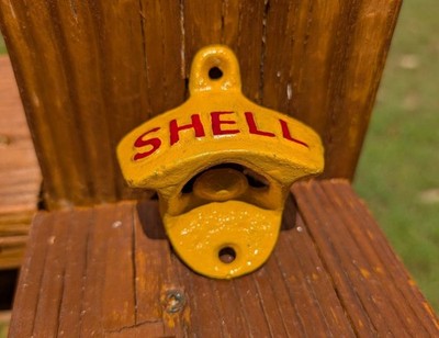 CAST IRON SHELL OIL GASOLINE BOTTLE OPENER! WALL MOUNT ADVERTISING BEER SODA POP
