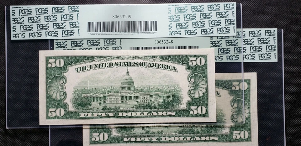 Lot of 2 Fr#2112-G 1950E $50 FRN Chicago (SN:G17496177/8A) PCGS CUNC 63 - Image 2 of 4