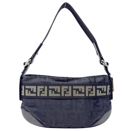 Fendi Bag Purse Baguette FF Logo Zucca Shoulder Strap Black Leather Canvas Nylon