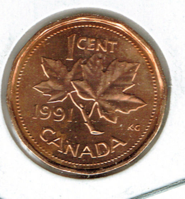 1991 Canadian Brilliant Uncirculated One Cent Elizabeth II Coin