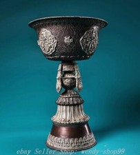 9" Old Chinese Dynasty Copper Silver Dragon Head 8 Auspicious Symbol Bowl Bowls