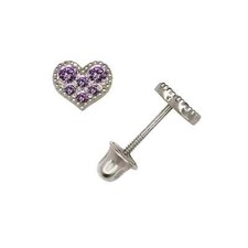 14K Solid White Gold 5mm CZ Heart Love Screw Back Earrings Set With Birthstones