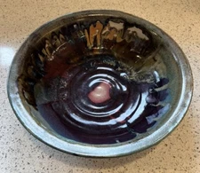 Vintage Art Pottery Bowl Dish Multi Color Swirl Glossy Glaze Artist Signed 2002