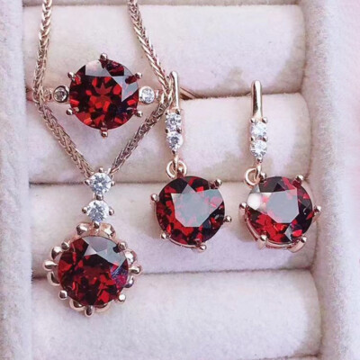 Classical Round Set 3pcs Red Garnet Gems Women Pendant Earrings Rings Rose Gold