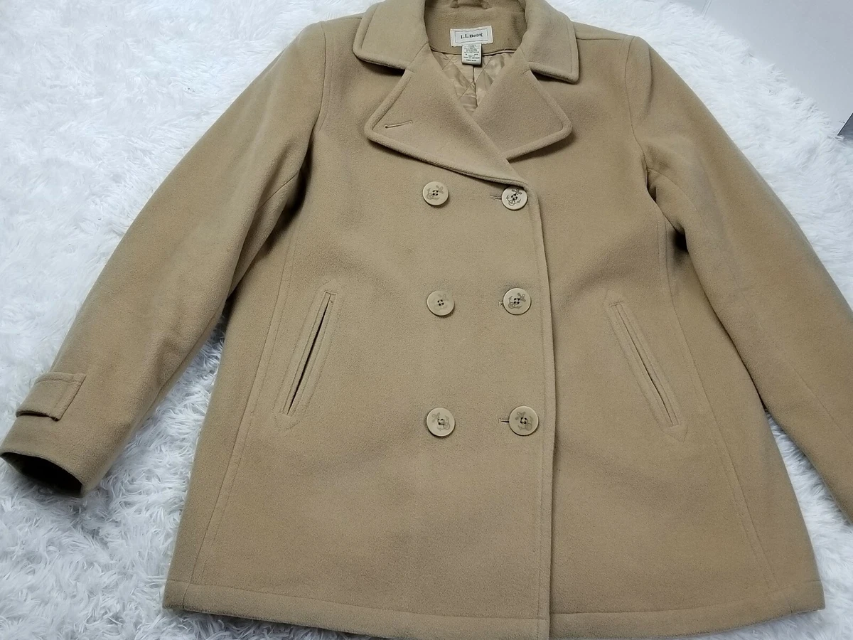 Ll Bean Lambs wool Peacoat Anchor Buttons thinsulate lined Tan Size 16 Regular