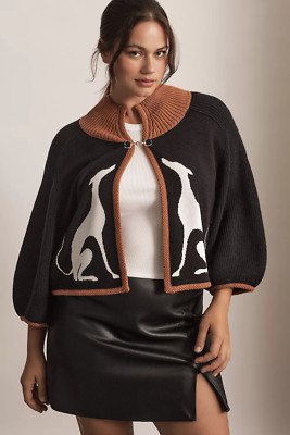 ANTHROPOLOGIE MAEVE GREYHOUND WHIPPET DOG CARDIGAN CAPE SWEATER BLACK PLUS 1X