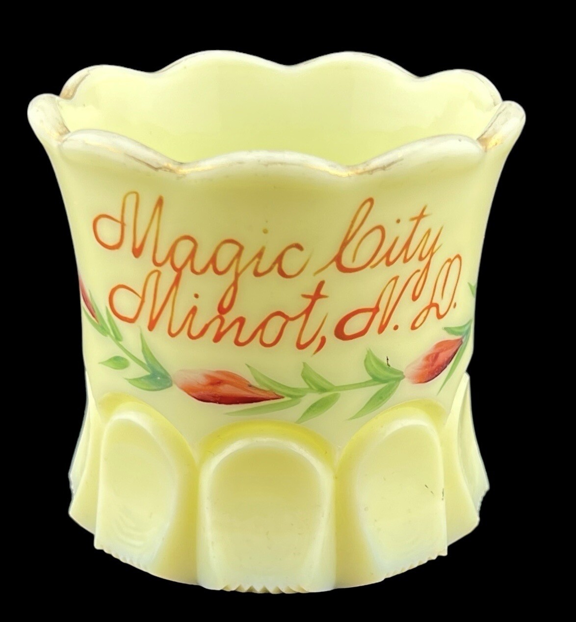 Custard Uranium Glass Souvenir Toothpick Holder Magic City Minot North