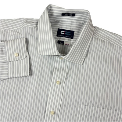 #ad #ad Magna Ready Shirt Mens Large Gray White Striped Stretch Collar Long Sleeve $24.36