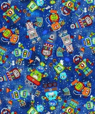 Curtain Valance - Fun Flannel Space Robots Blue Flannel