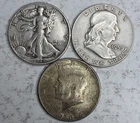 LOT OF 3 90% Silver - 1 Walking Liberty, 1 Franklin, 1 Kennedy Half Dollar Lot