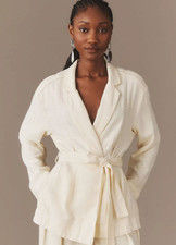 Anthropologie NWT Women's XL  "Linen Tie-Front Jacket" Blazer in Ivory