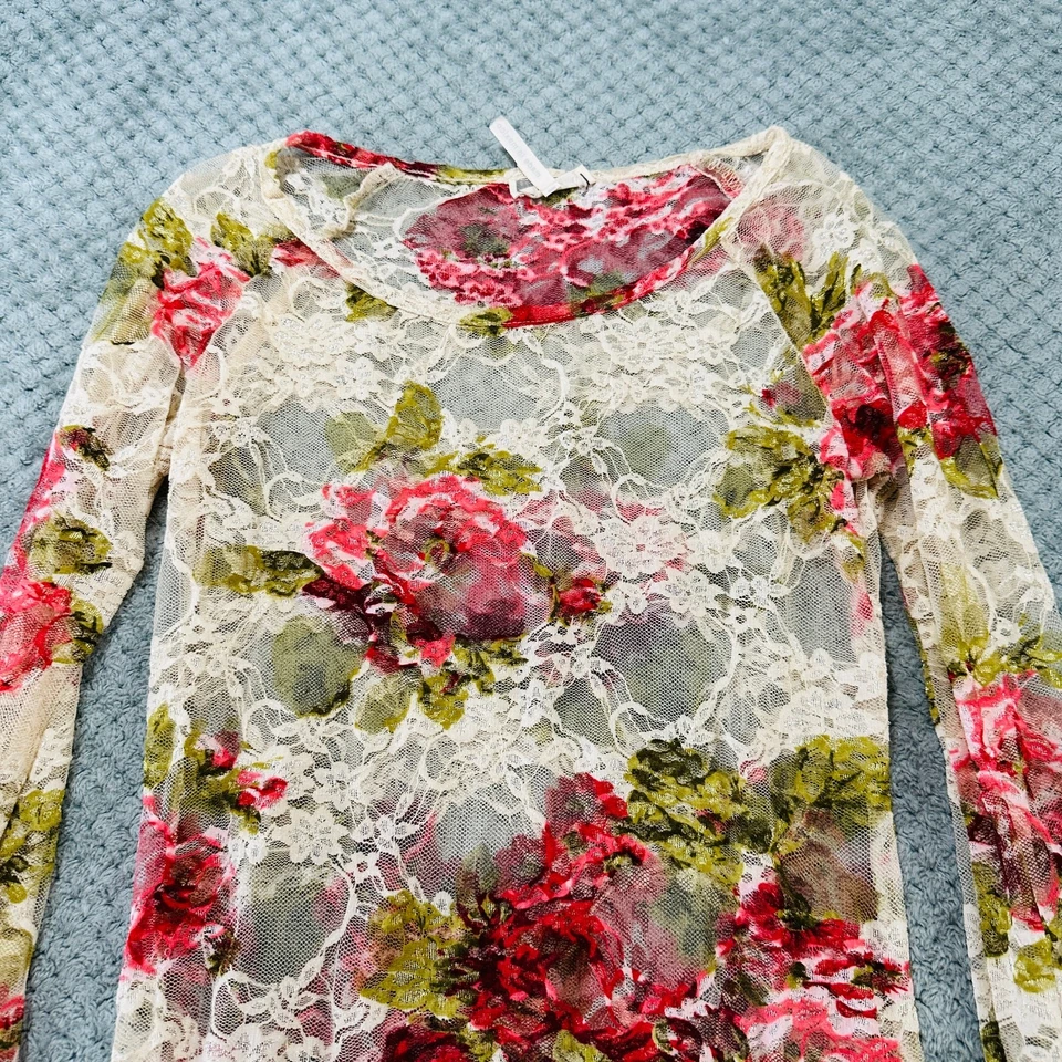 vintage style retro y2k cream lace floral long sleeve sheer blouse KIRRA S - Image 2 of 3