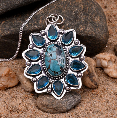 Turquoise Gemstone 925 Sterling Silver Handmade Pendant Jewelry Approx - 2.31''