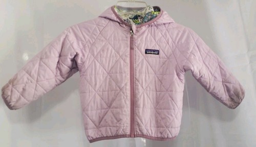 Patagonia Girls Puffer Jacket 18 -24 mths Purple Reversible Hooded Floral Print - Picture 10 of 16