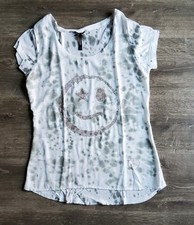 Key Largo ⭐ Damen T-Shirt  Weiß, Grau gemustert Gr. S  Smiley aus Nieten