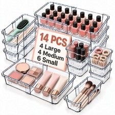 14 Pcs Clear Expandable Drawer Organizer, Adjustable Vanity Trays