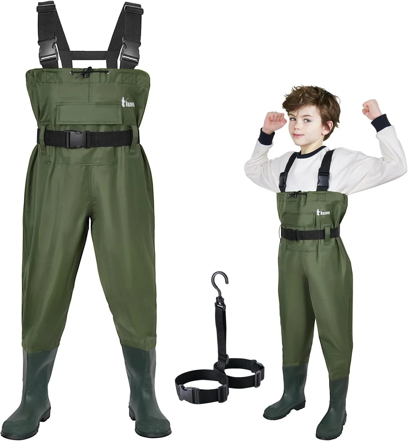 Ouzong Children's Chest Waders Cleated Nylon PVC Fishing Boot, Army Green, 4/5